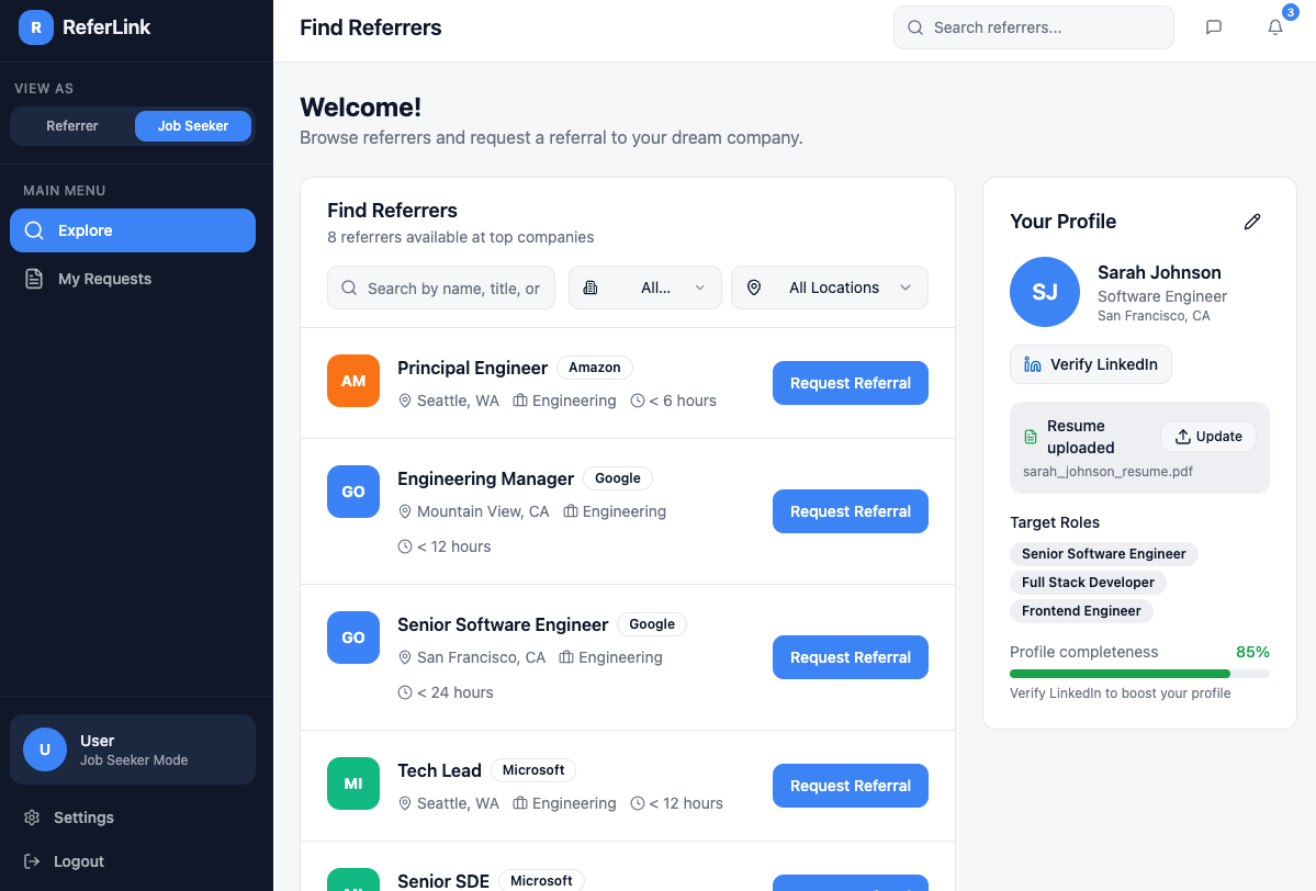 ReferLink marketplace - Find Referrers dashboard